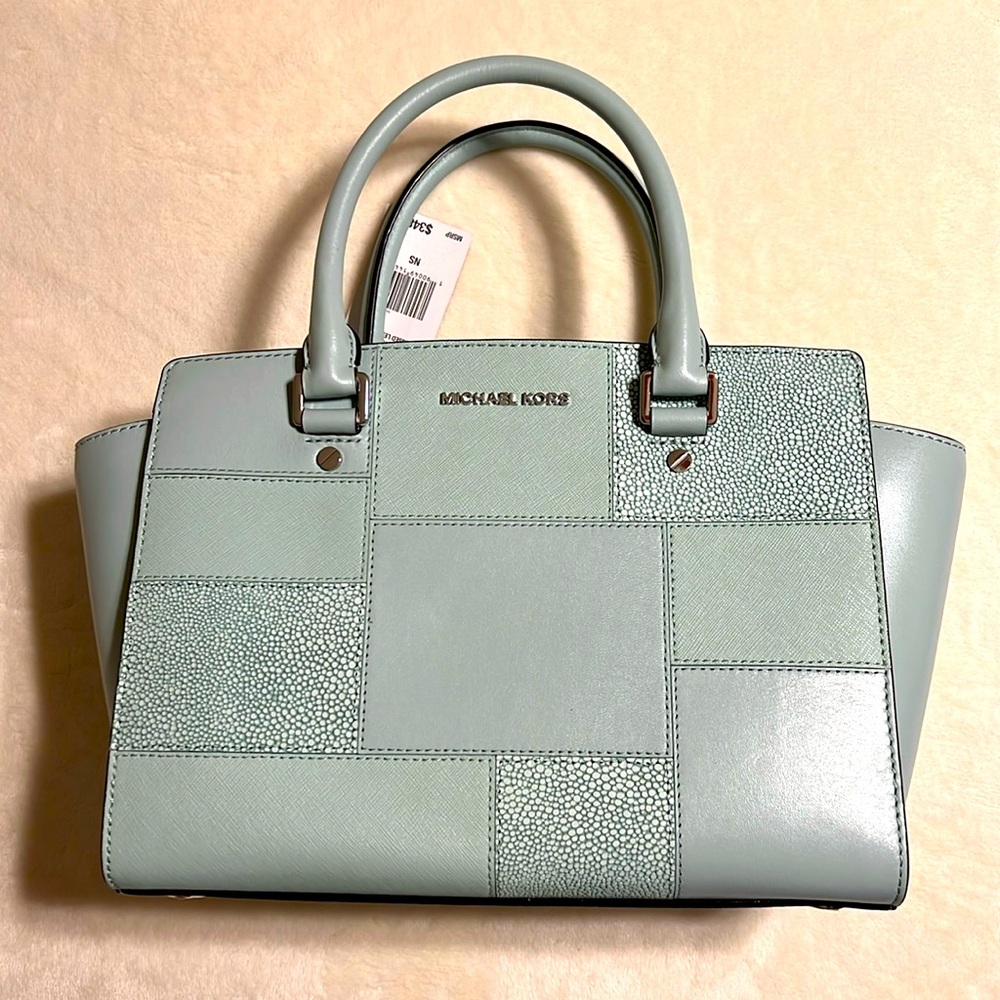 MICHAEL KORS. Selma Celadon Satchel Embossed Leather. Light Blue/Greenish Color